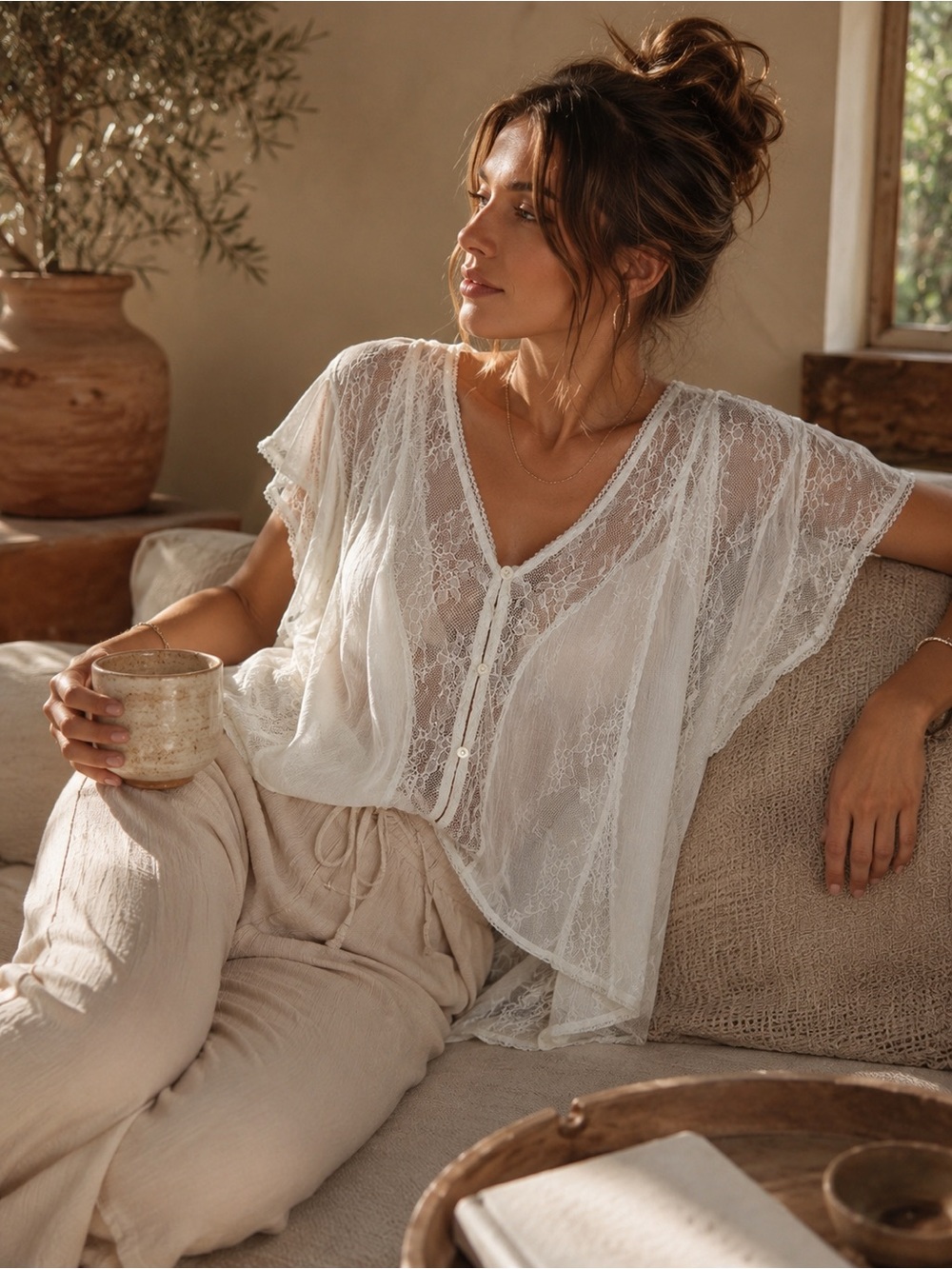 Free People Sheer Lace Button V-Neck Tunic in Ivory